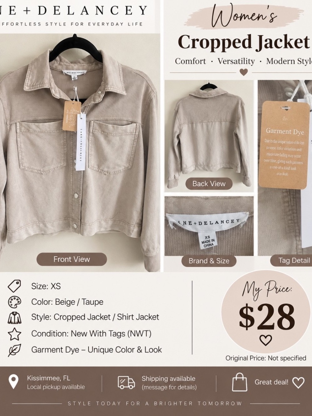 Women's Cropped Jean Jacket in Beige/Taupe